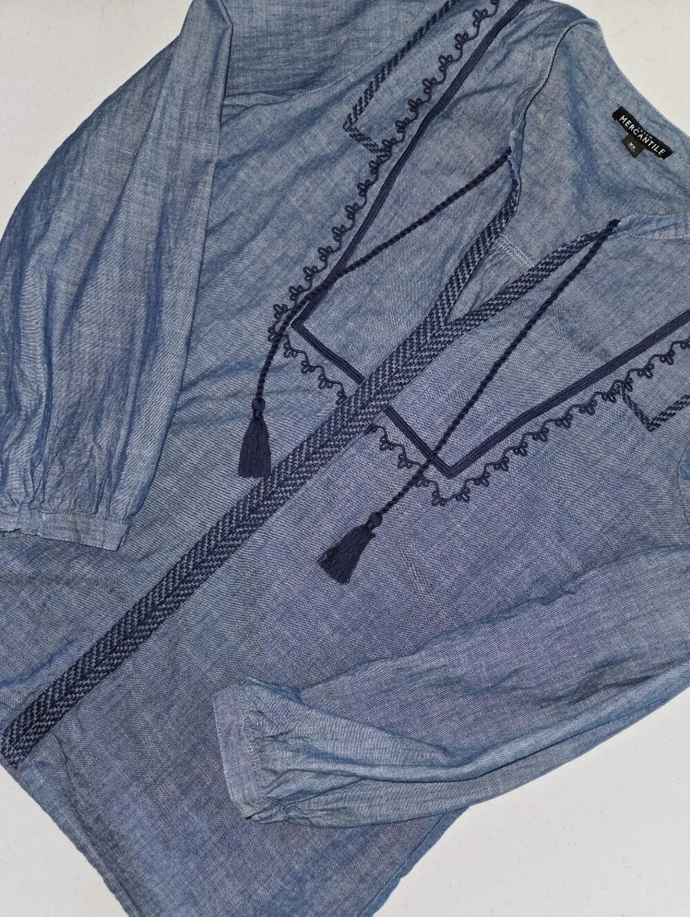 J.Crew Mercantile Chambray Tassel Tie Long Sleeve Embroidered Peasant Top XS